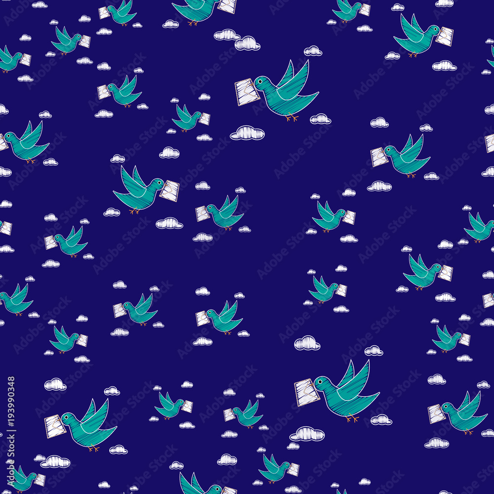 Dove carrying envelope pattern repeat seamless in blue color for any design.Bird delivers a message. Post pigeon Dove carrying envelope pattern repeat seamless in blue color for any design.Bird delivers a message. Post pigeon