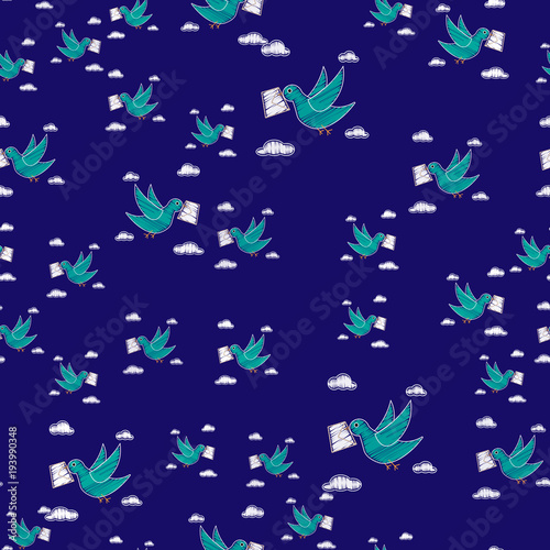 Dove carrying envelope pattern repeat seamless in blue color for any design.Bird delivers a message. Post pigeon