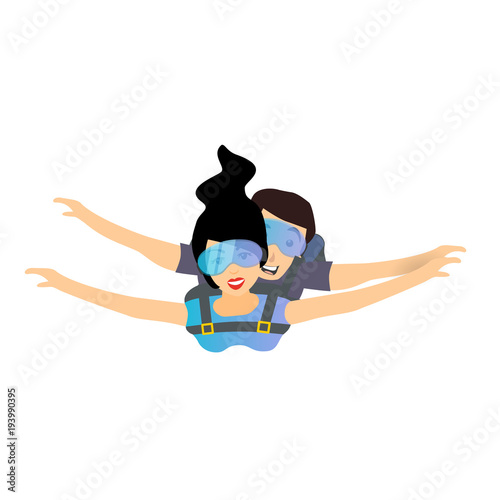 Skydiver man and woman flying. Parachutist characters. Tandem skydiving. Vector illustration isolated on white background