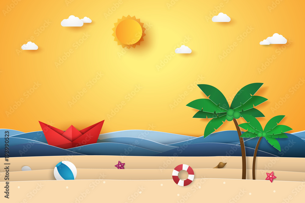 Fototapeta Summer time , sea with origami boat , beach and coconut tree , paper art style