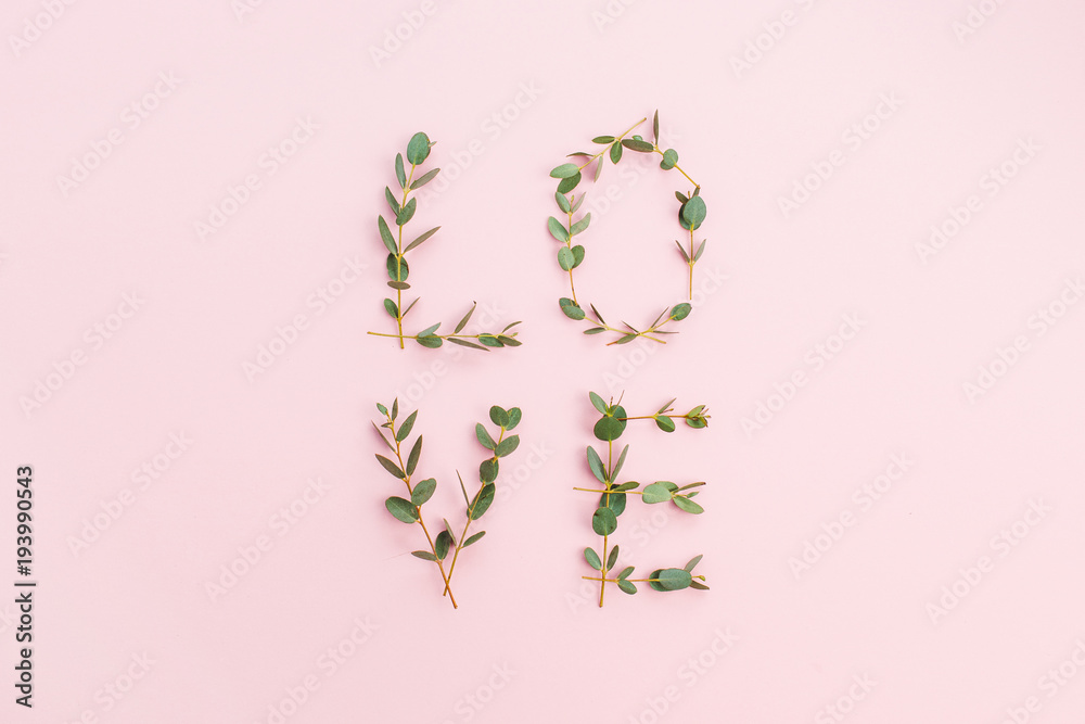 Word "Love" made of eucalyptus branches on pastel pink background. Valentine's Day composition. Flat lay, top view. - obrazy, fototapety, plakaty 