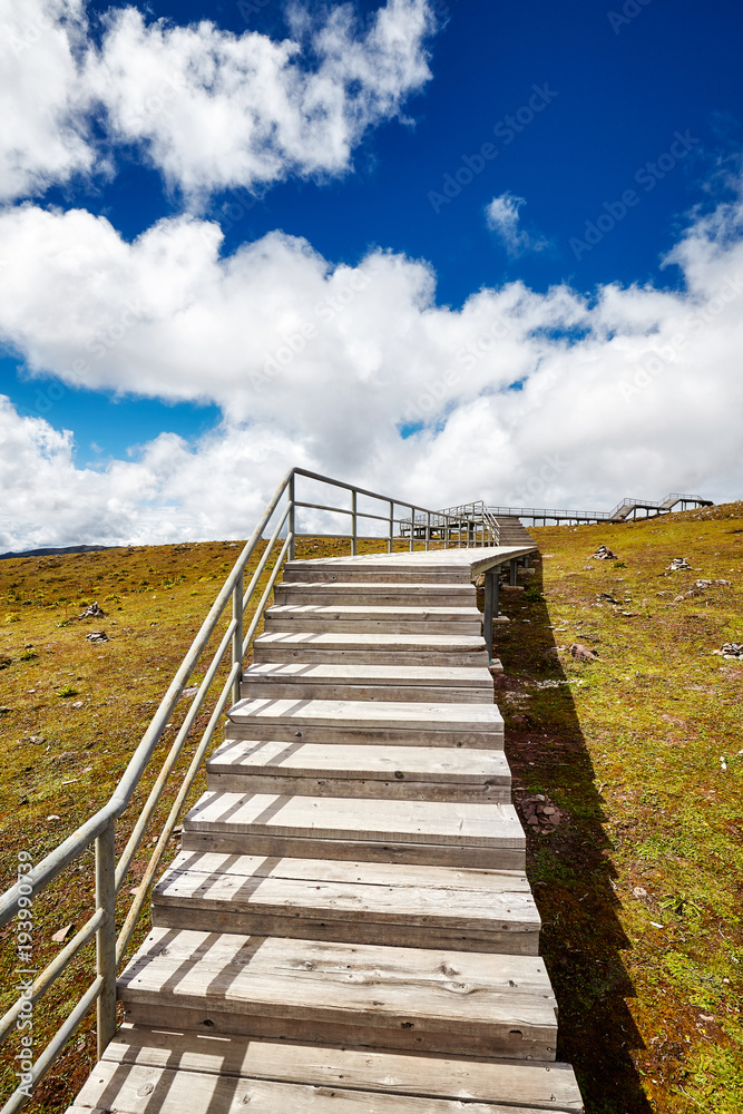 Wooden walkway in the Shika Snow Mountain scenic area, Yunnan Province, China.