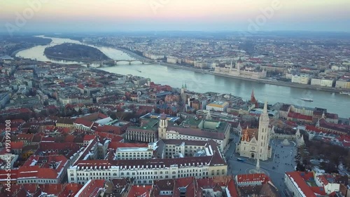Budapest, Hungary - Aerial 4K drone footage of the skyline view of Budapest with Matthias Church, Parliament and other famous landmarks