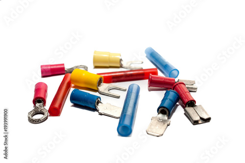 Electrical wire connector, Butt Splice connector, Ferrules, Fork Terminal, Pin Terminal, Ring Terminal, Wire Disconnect on white background.