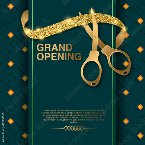 Grand Opening Banner With Cut Red Ribbon And Gold Scissors. Vector