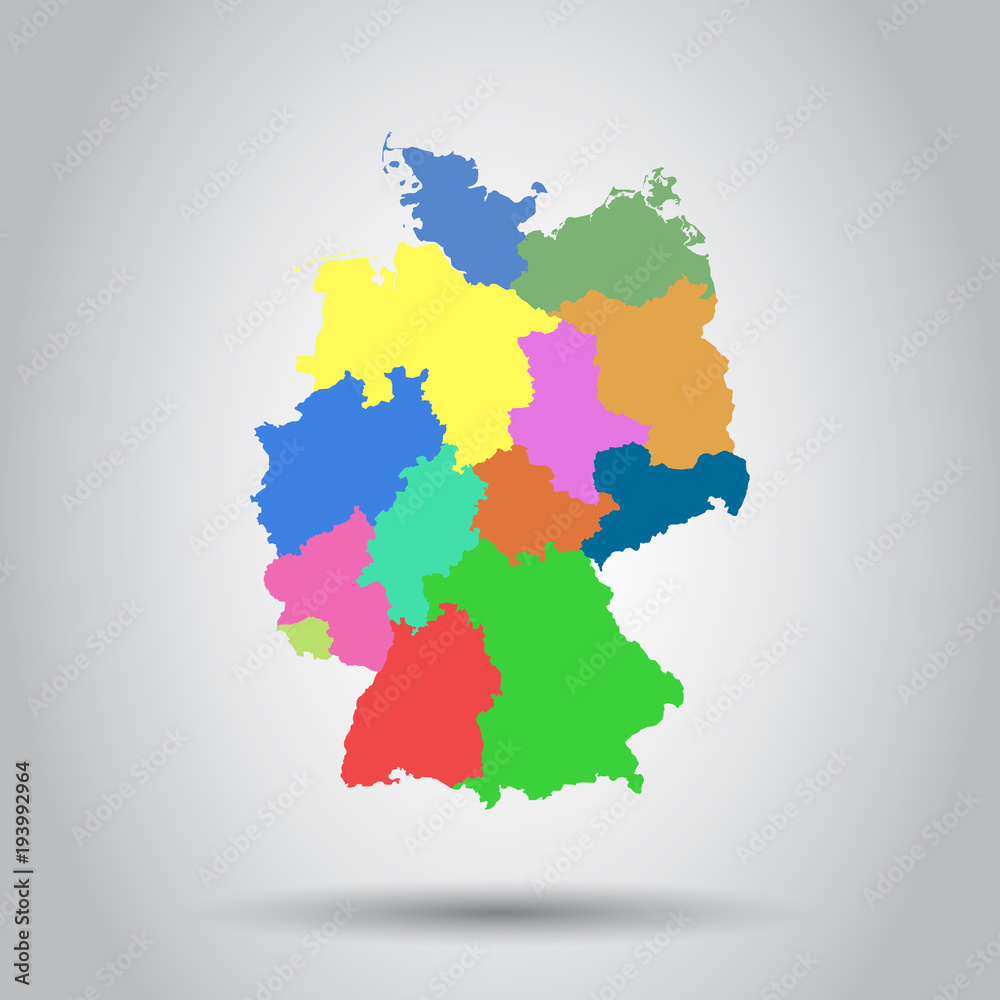 Germany map with federal states icon. Flat vector illustration. Germany sign symbol with shadow on white background.
