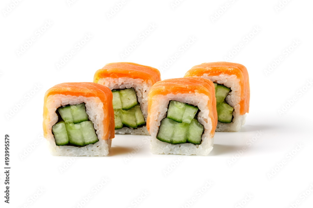 close-up shot of traditional fresh japanese sushi rolls, focus on the front piece close-up shot of traditional fresh japanese sushi rolls, focus on the front piece