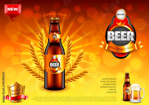 Beer ads. Bottle and wheats on gold bokeh vector background