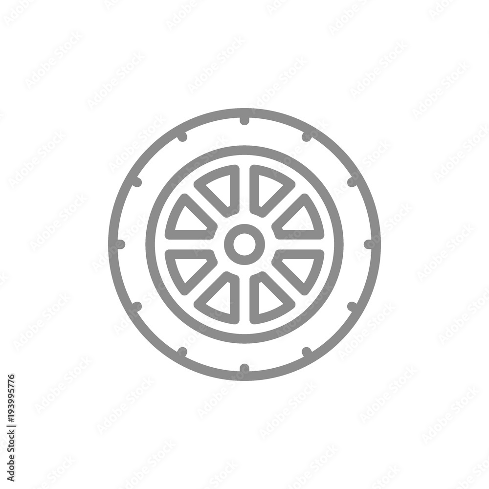 Fototapeta premium Simple car wheel line icon. Symbol and sign vector illustration design. Isolated on white background