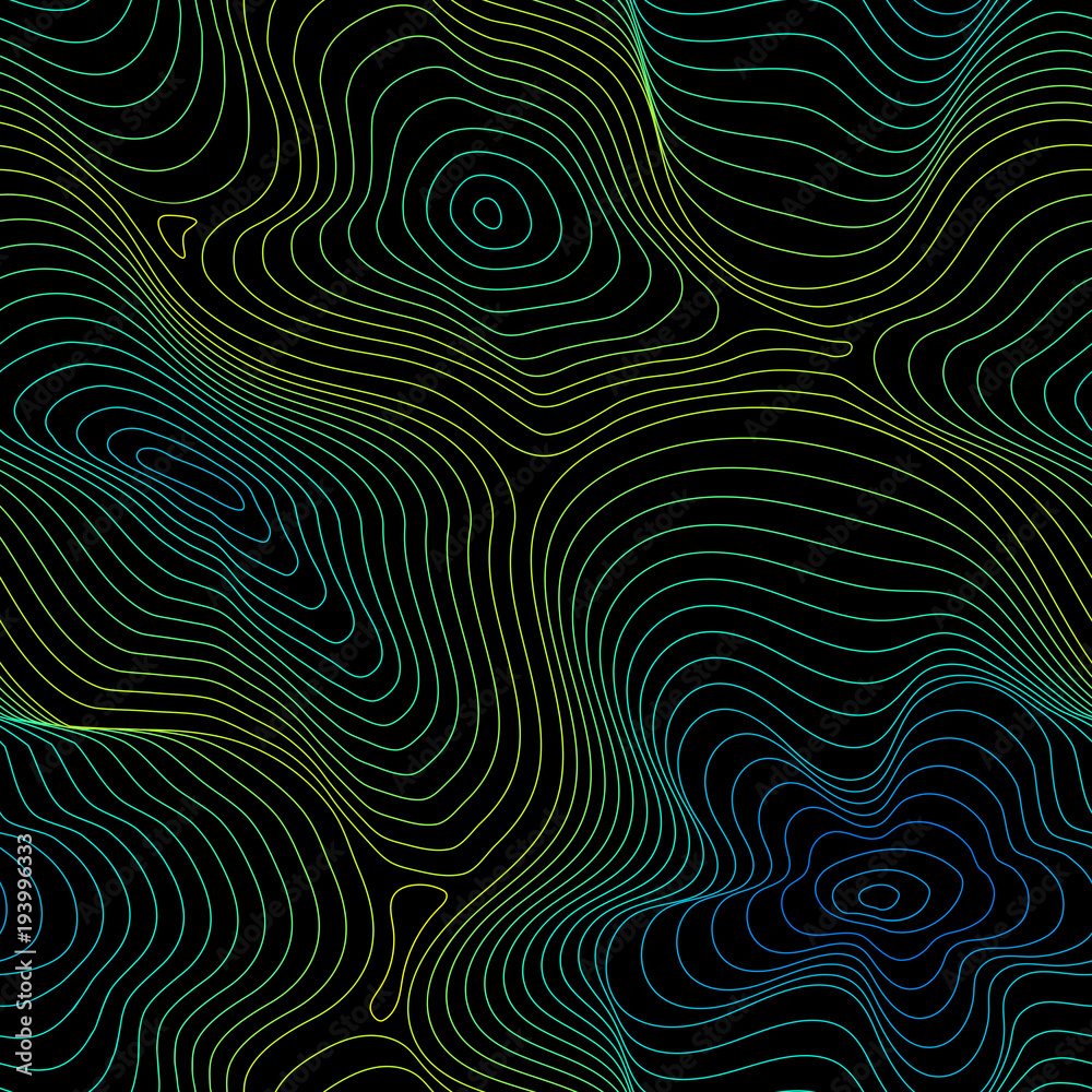 Vector seamless pattern, abstract halftone holographic texture, curved lines, fluid shapes. 3D effect, illusion of movement, dynamical surface. Bright colors, blue, green, yellow on black background