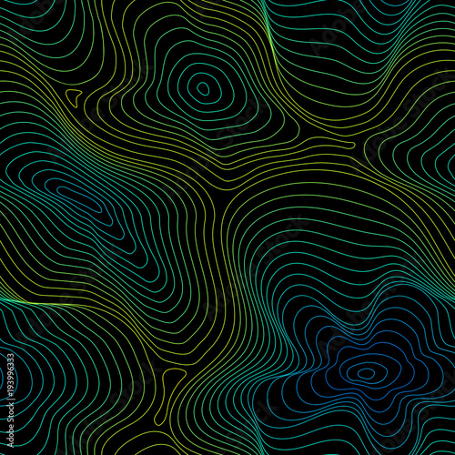 Vector seamless pattern, abstract halftone holographic texture, curved lines, fluid shapes. 3D effect, illusion of movement, dynamical surface. Bright colors, blue, green, yellow on black background