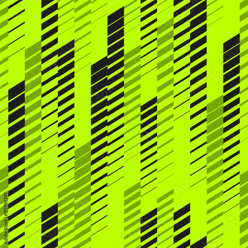 Abstract geometric seamless pattern with vertical fading lines, tracks, halftone stripes. Extreme sport style texture, urban art. Trendy background in bright neon colors, green, black.