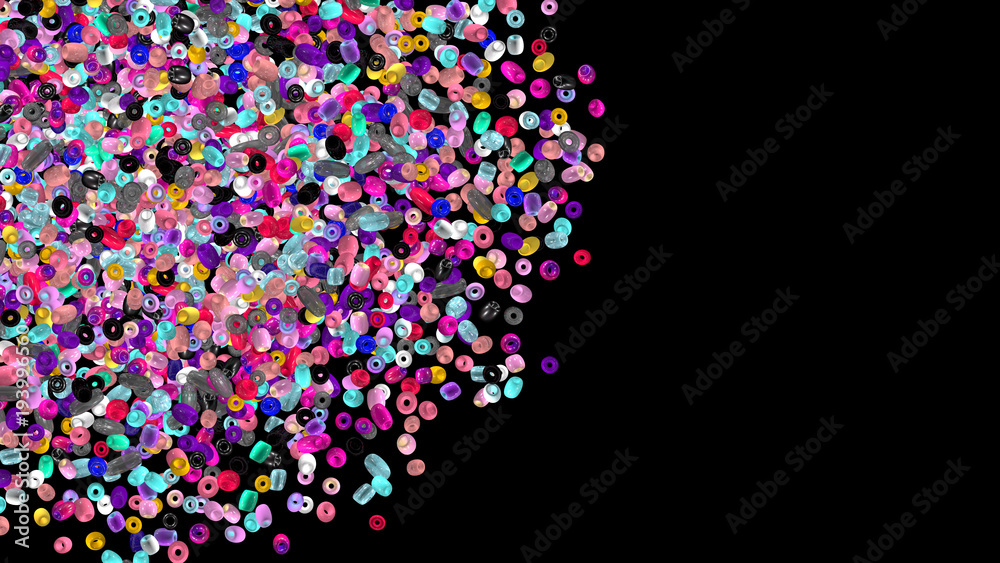 Beads background. Fashion accessory. Handmade craft. Glass beads top view. Sequins. Heap of gems. Rhinestones. Realistic illustration. 3d rendering. Jewelry making.