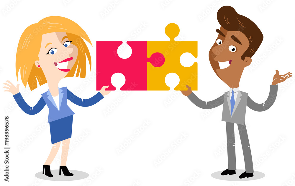 Vector illustration of two asian and caucasian cartoon business people putting together jigsaw puzzle pieces isolated on white background Vector illustration of two asian and caucasian cartoon business people putting together jigsaw puzzle pieces isolated on white background