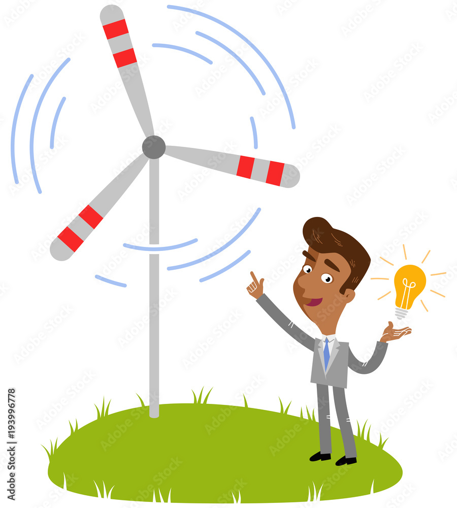 Vector illustration of an asian cartoon businessman holding light bulb,  pointing at wind turbine isolated on white background Stock Vector | Adobe  Stock