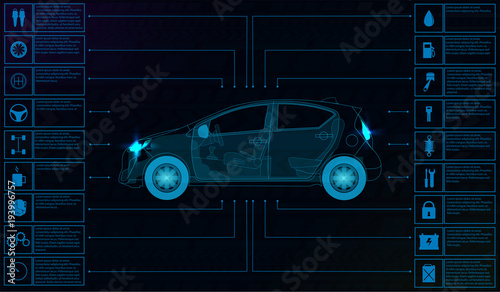 Futuristic user interface. Car service in the style of HUD. Virtual graphical interface Ui HUD Autoscanning, analysis and diagnostics, Abstract vector science. Car auto service infographics.repair