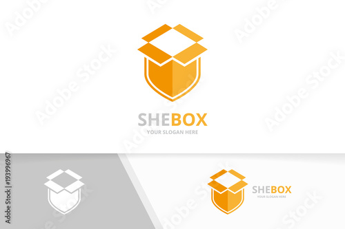 Vector box and shield logo combination. Package and security symbol or icon. Unique delivery and guard logotype design template.