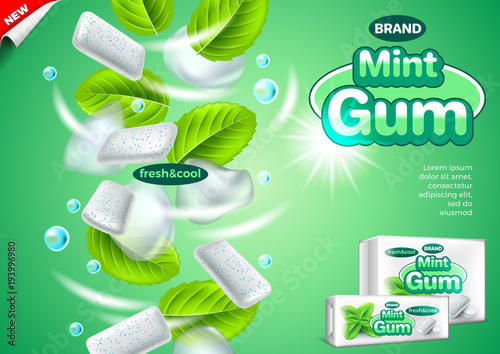 Gum ads. Falling mint leaves and ice cubes vector background