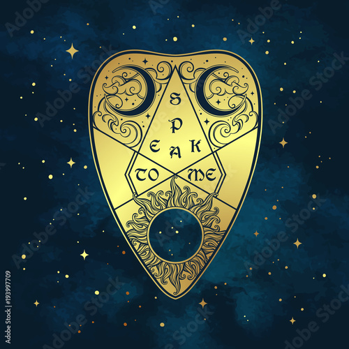 Gold divination board planchette over the blue sky and stars. Antique style boho chic sticker or fabric print design vector illustration.
