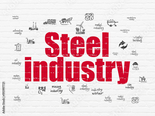 Industry concept  Painted red text Steel Industry on White Brick wall background with  Hand Drawn Industry Icons