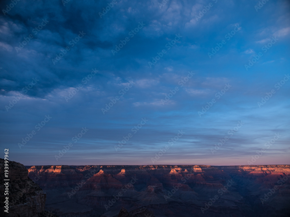 Rim of Grand Canyon Highlighted by Sun at Dusk, Sunset Landscape