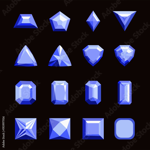 Collection of gems and gemstones. Types of diamond cutting. A set of jewels. Jewelry, jewelery and precious stones. Isolated Vector