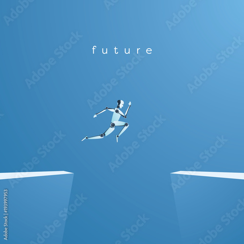 Artificial intelligence and future technology vector concept. Ai robot jumping over gap as symbol of overcoming challenges and finding solutions with help of ai.