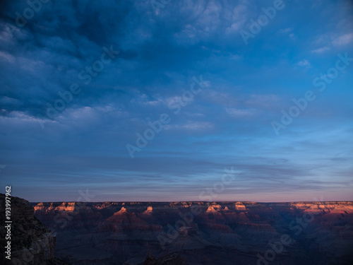 Rim of Grand Canyon Highlighted by Sun at Dusk, Sunset Landscape
