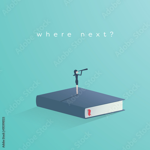 Education vector concept. Businesswoman or student standing on book looking at future. Symbol of career, job, graduate, achievement, wisdom.