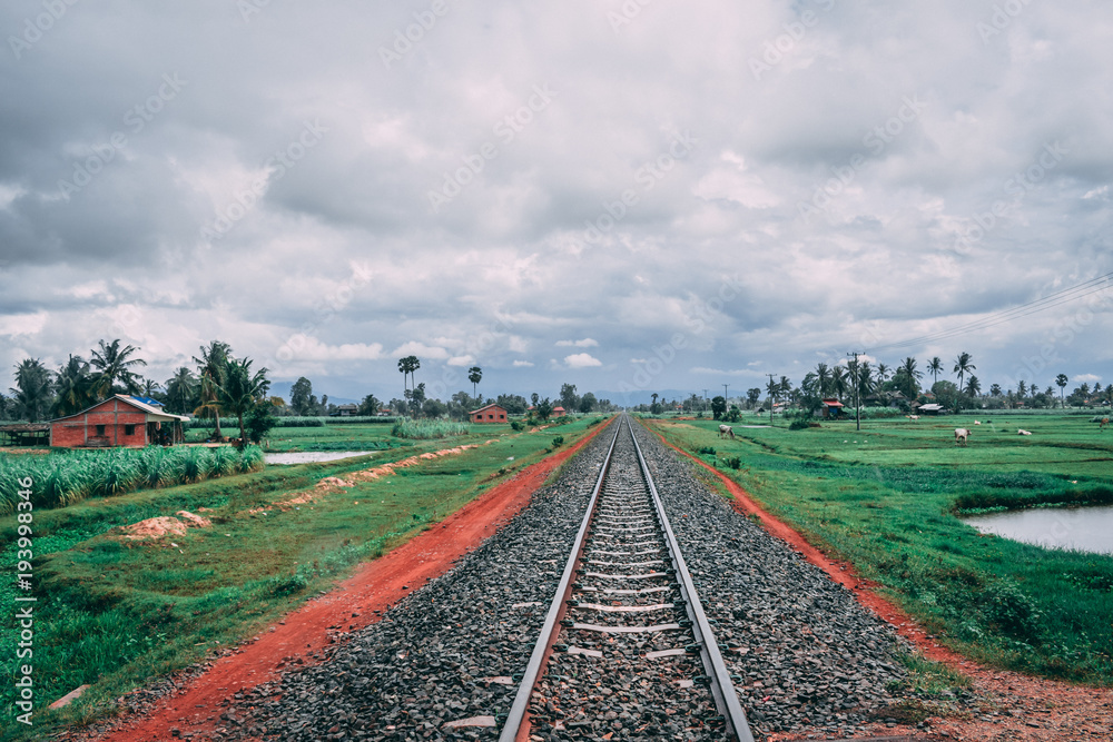 Fototapeta premium Old railway in Cambodia, wetlands