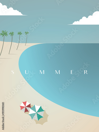Beautiful summer beach vector poster template with sun umbrellas and palm trees.