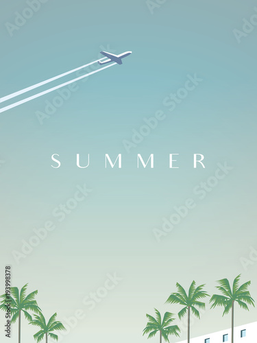 Summer traveling vector poster template with airplane flying over palm trees.