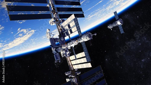 4K. Spacecraft Docking To International Space Station. 384x2160. 3D Animation.