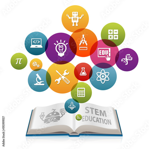 STEM Education Concept with open book. Science Technology Engineering Mathematics.