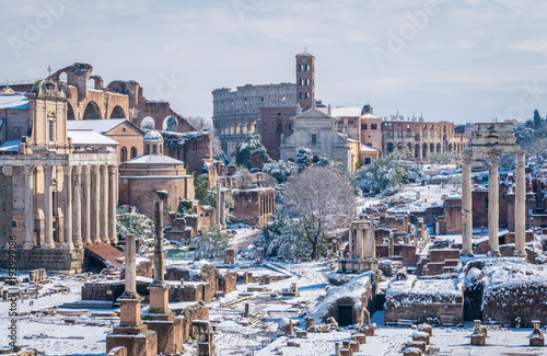 Photography Snow in Rome, the roman forum as seen from the Capitoline Hill.