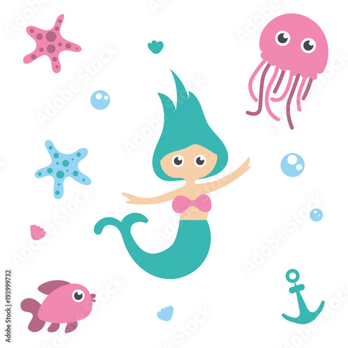 Vector illustration of cute underwater mermaid girl. Fairy fantasy of sea. Isolated character water mythology princess