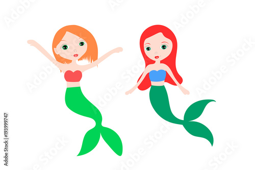 Vector illustration of cute underwater mermaid girl. Fairy fantasy of sea. Isolated character water mythology princess