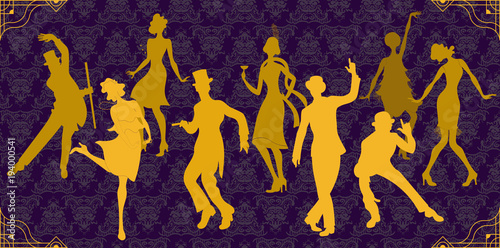 Retro party. Vintage style. Group of retro woman and man dancing charleston.Retro silhouette dancer.Party vector background.Cabaret background