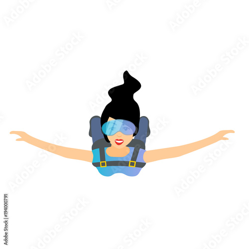 Skydiver woman flying. Vector female character illustration isolated on the white background. Sky diving cartoon sportsman.