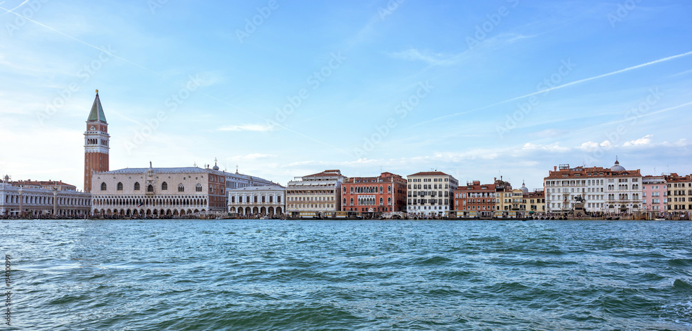 Daylight view from boat to Riva degli Schiavoni waterfront and c