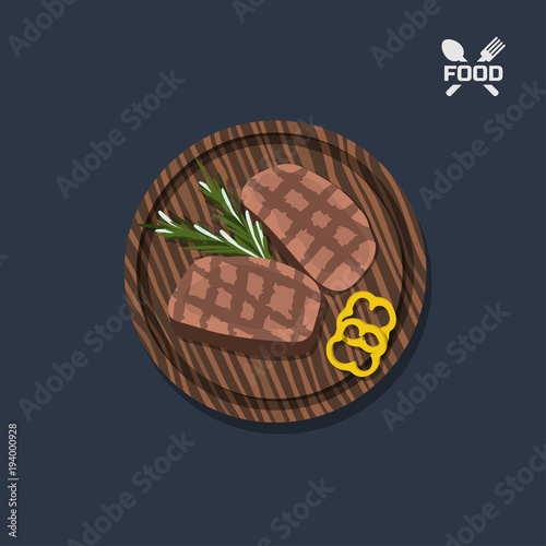 Icon of steak on a wooden plate. Top view. Restaurant dish. Meat food. Image of barbecue beefsteak. Vector illustration