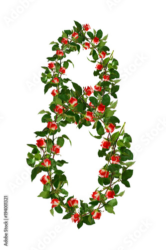 Figure eight of flowers, red with white roses and green leaves. International Women's Day. Isolated, white background