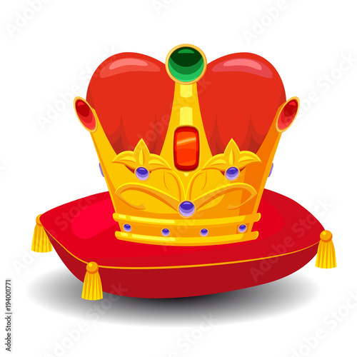 Gold crown with precious stones, on red pillow, cartoon style, vector illustration