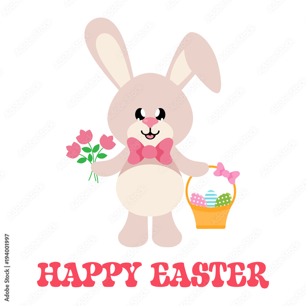 Fototapeta premium cartoon easter bunny with tie and basket easter egg and flowers with text