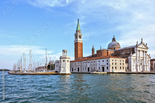 Daylight view from boat to San Giorgio Maggiore church with ornamented facade © frimufilms