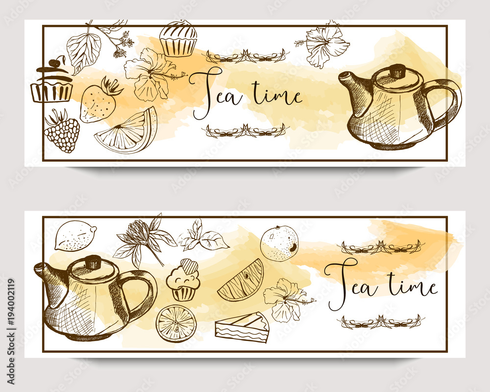 Vector horizontal tea time banners with hand drawn tea shop elements on  watercolor background. Design for packaging, tea shop, drink menu,  homeopathy and health care products. Stock Vector | Adobe Stock
