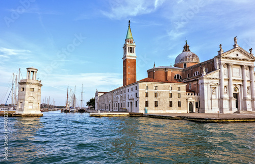 Daylight view from boat to San Giorgio Maggiore church with ornamented facade © frimufilms