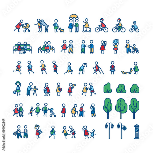 People on the street in different action poses. Color vector illustration. Icon style set