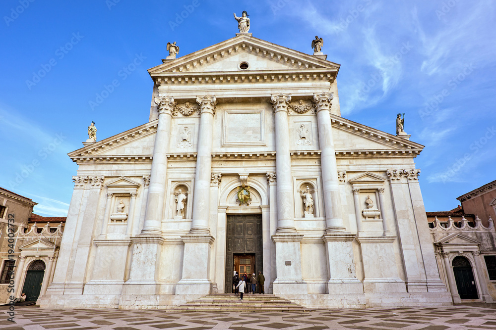 Daylight view from bottom to front facade of San Giorgio Maggiore entrance