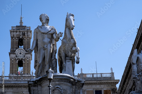 Rome, ITALY. 26 February 2018. Rome became a rare winter wonderland with all of its famous sites covered in snow.The statue of Marco Aurelio inside of the Capitolium with snow.